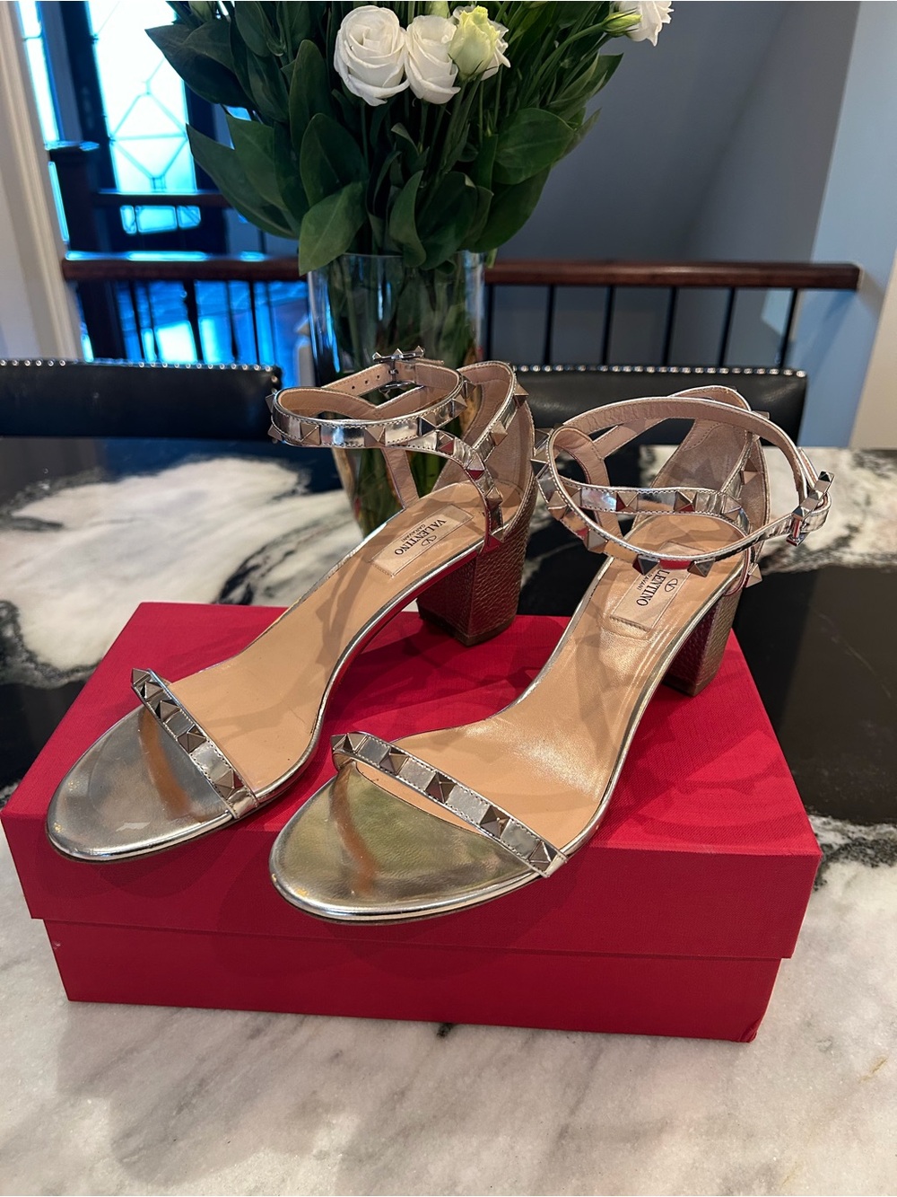 Valentino Garavani Silver Metallic Rockstud Block Heel Sandals